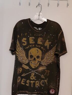 Affliction NWOT Men's,Black Tee with Gold Winged Skull Graphic. Size Large